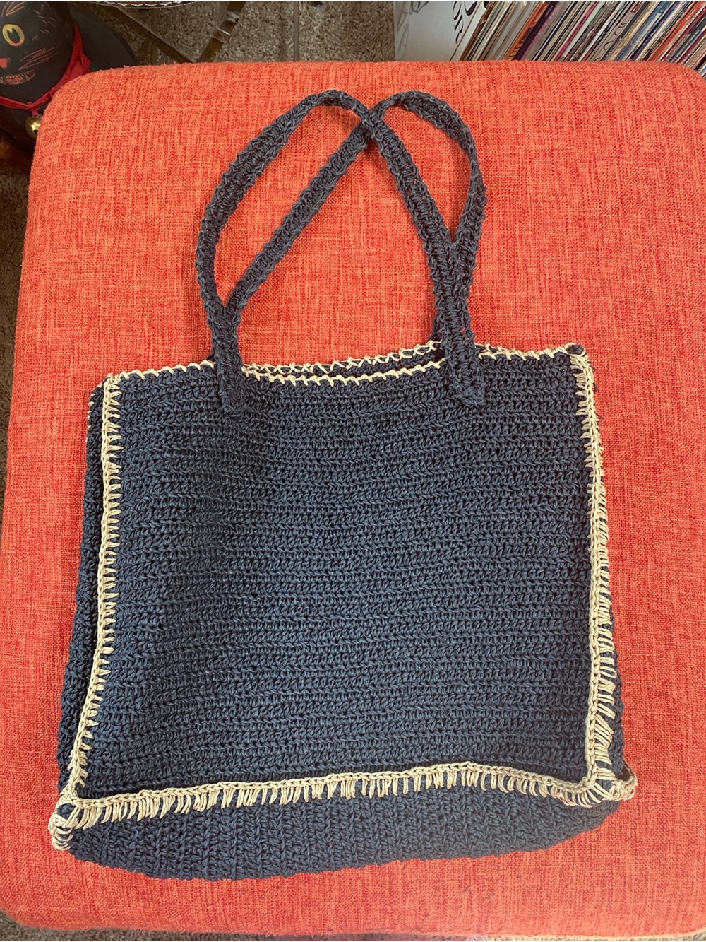 VTG Handmade Black Tan Raffia Straw Beach Bag Tote